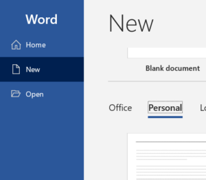 Word document file page. The new tab is selected and the personal section is open