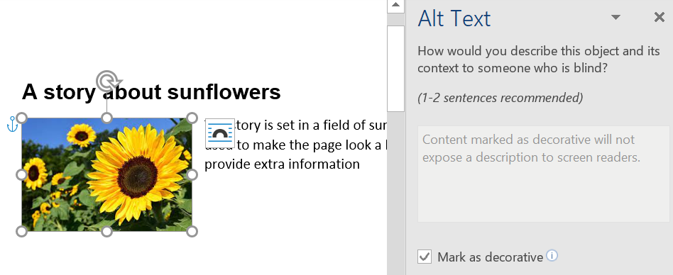 floated image of sunflower and some text on left and MS word alt text editing panel on right. The mark as decorative tickbox is selected