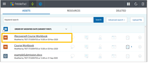 An example recovered workbook in the asset store