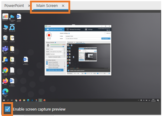 capture viewer with main screen tab and enables screen capture preview box highlighted