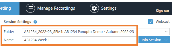 recording folder and name highlighted on screenshot of panopto for windows recorder