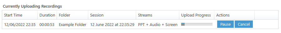 Currently uploading recording panel