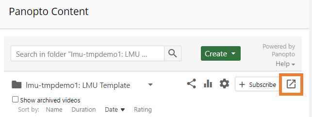 Panopto folder showing the open in panopto link highlighted