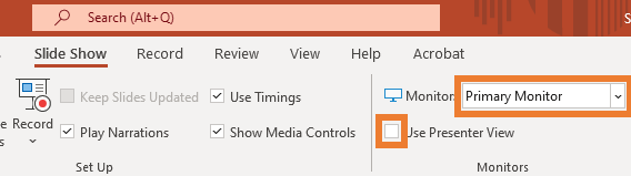 microsoft powerpoint ribbon showing slide show tab with monitor and presenter view options highlighted