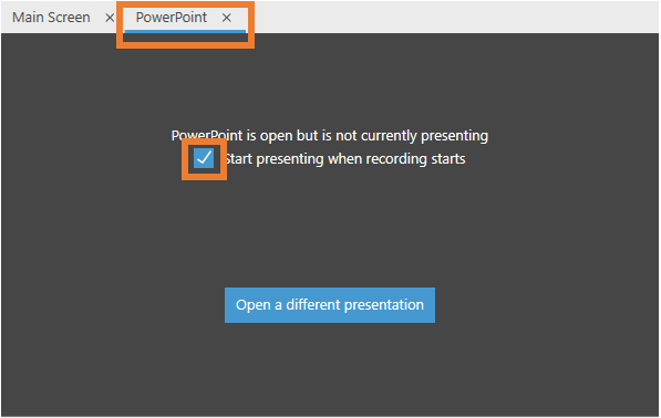capture viewer with PowerPoint tab and start presenting when recording starts box highlighted