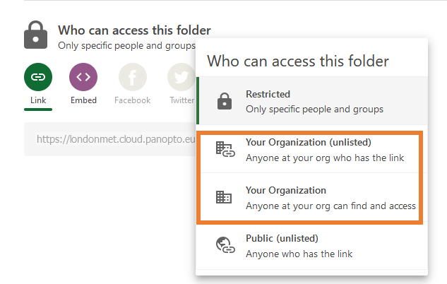 highlighted options to share with organisation on Panopto share menu