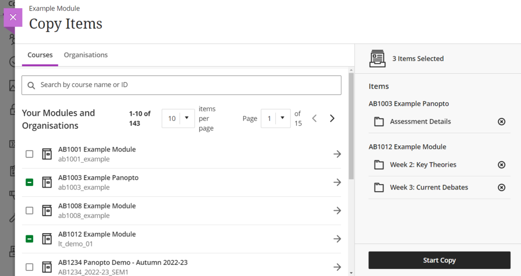 copy item page with content from different modules selected for copy