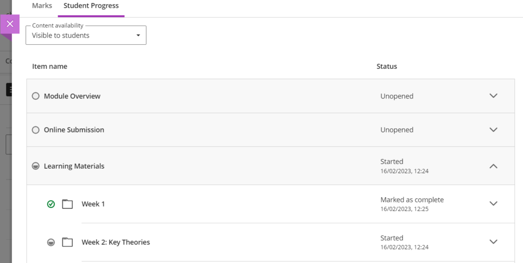progress tracking in staff view showing item accessed by one selected student