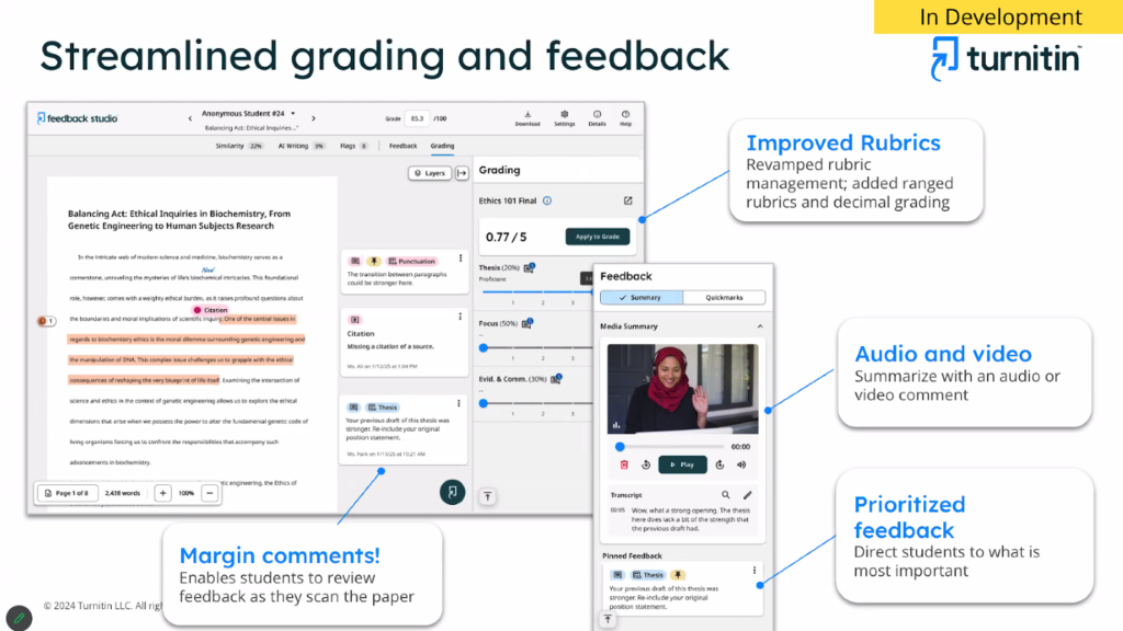 Streamlined grading and feedback interface example showing improved rubrics, audio and video feedback options, the ability to prioritise sections of feedback on a submission and display comments in the interface margins.